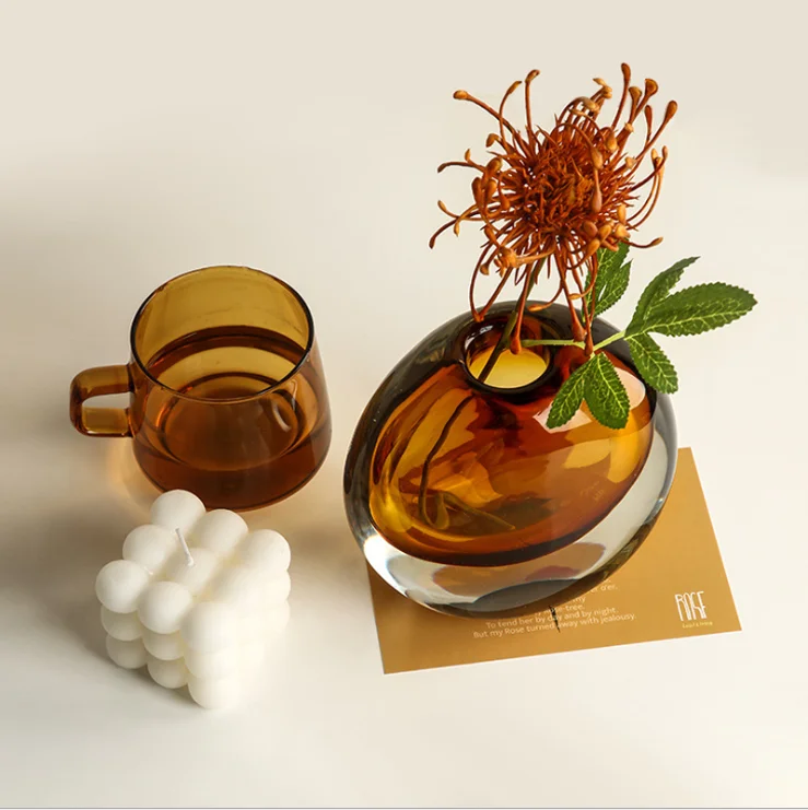 Wholesale Light Luxury Double Layer Coloured Modern Desktop Home Decor Blue Grey Brown Green Color Round Small Glass Vase