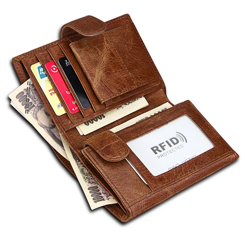 Cow Leather Brown RFID Wallet For Men Genuine Leather Short Purse With Coin Pouch Credit Card Holder Male Money Bag