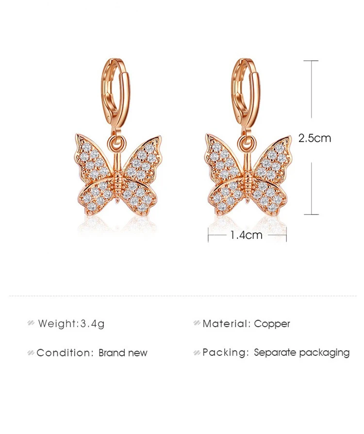 
Hot Style Women Gold Plated Butterfly Diamond Earrings Rhinestone Butterfly Hoop Earrings 
