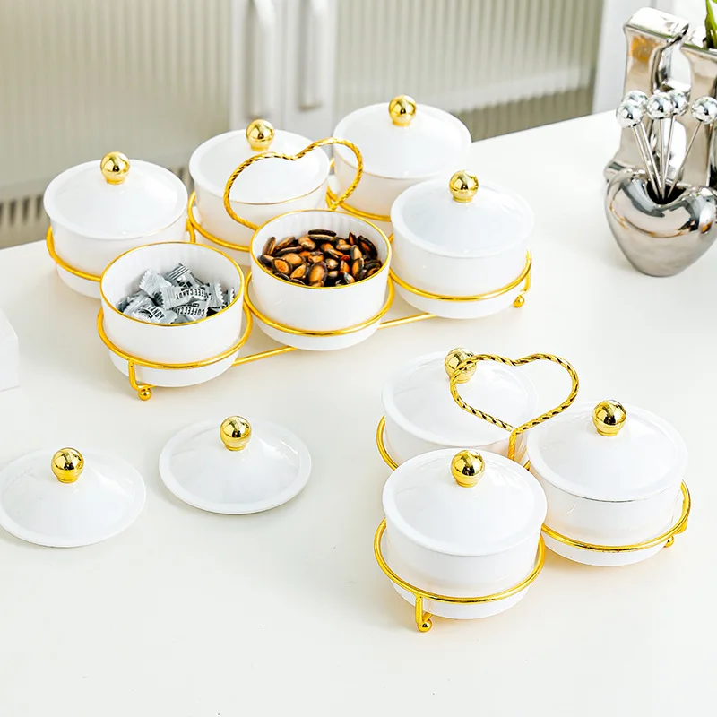 Light Luxury Divided Dim Sum Refreshment Tray with Lid Fruit Melon Sown Snack Dried and Nut Plate for High-end Living Room