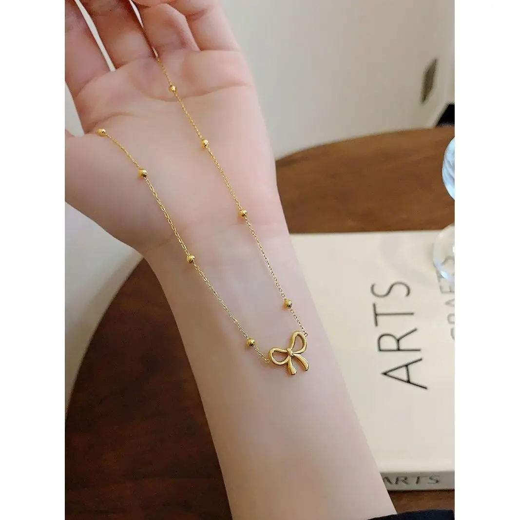ywly Fashion Bowknot Choker Necklace Stainless Steel Necklace 18K Gold Plated Ribbon Bow Pendant Necklace For Women Gift