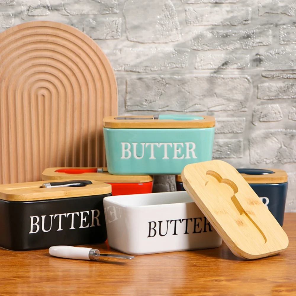 Ceramic Butter Dish With Bamboo Lid And Knife For Countertop, Double Silicone Seal, White Small Perfect Butter Keeper