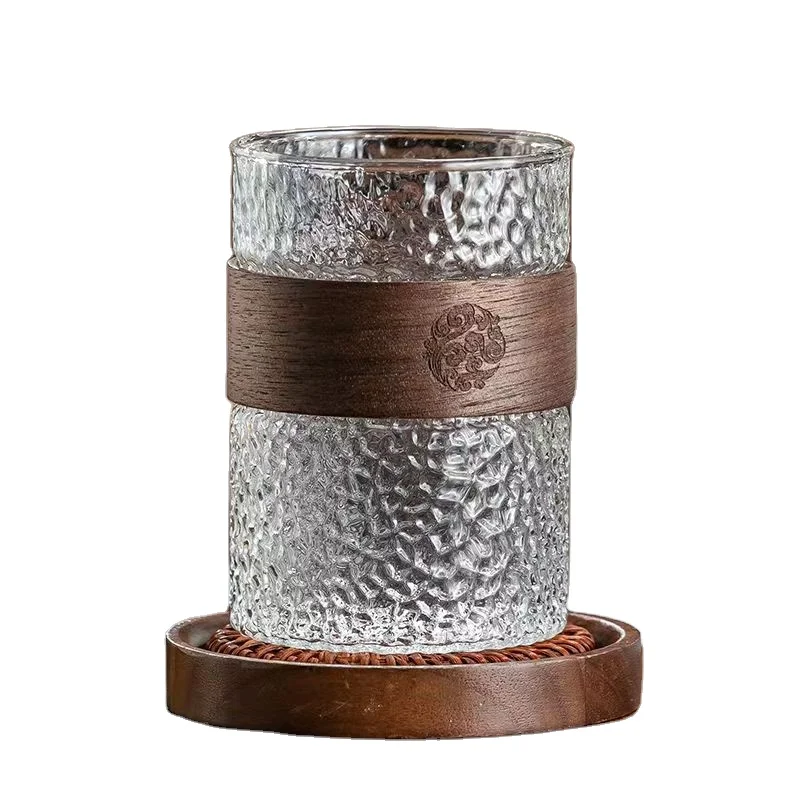 Factory Wholesale Wooden Ring Heat Insulation Hammer Pattern Ice Pattern Glass Cup Coffee Milk Cup