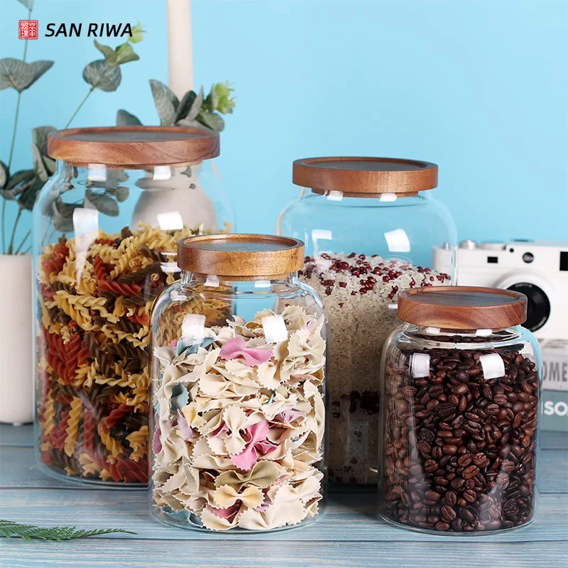 Transparent Airtight Glass Food Storage Jars With Acacia Wooden Lid Cylinder Sealed Air Tight Kitchen Borosilicate Glass Jar