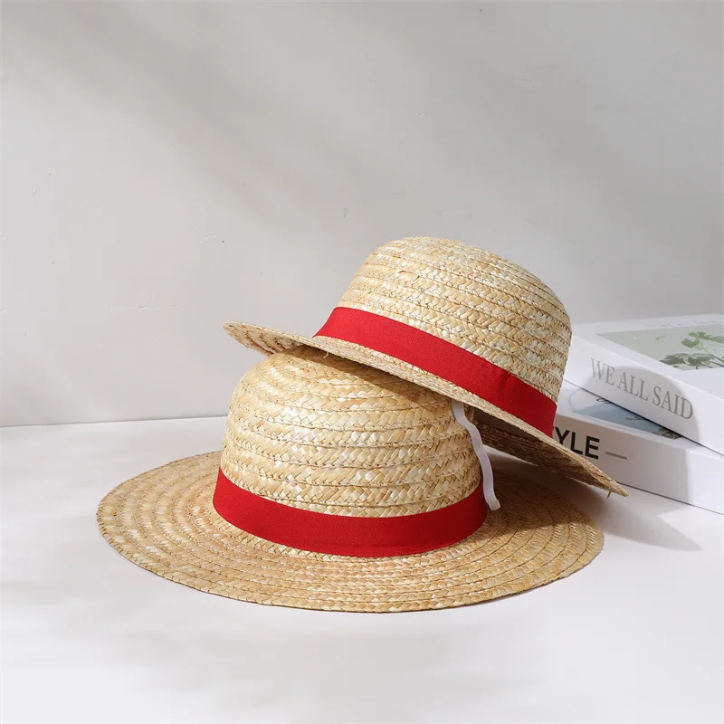Wholesale Straw Hats for Adults Children Anime Cosplay Paper Straw Sun hat with Red Ribbon UPF 50+ Outdoors Beach Cap