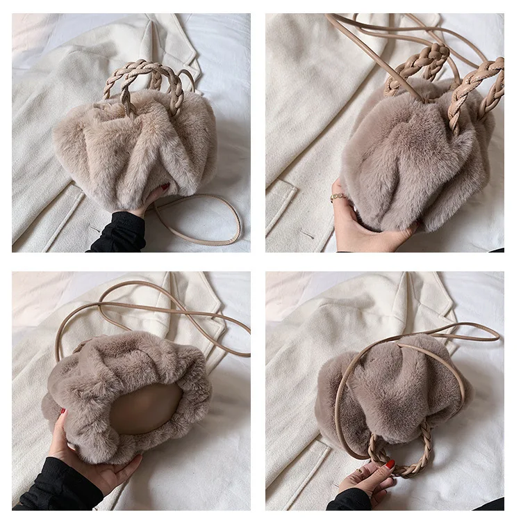 2021 Wholesale Women Fur Purses and Handbags Fall Winter Trendy Designer Bags for Girls Ladies Weave Handle Furry Shoulder Bags