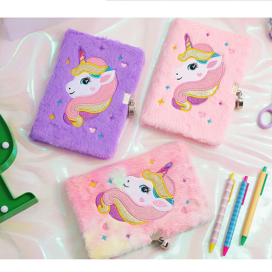 New Trending Colored A5 School Gift Plush Secret Diary Lined Notebooks Cute Animal Purple Unicorn With Lock