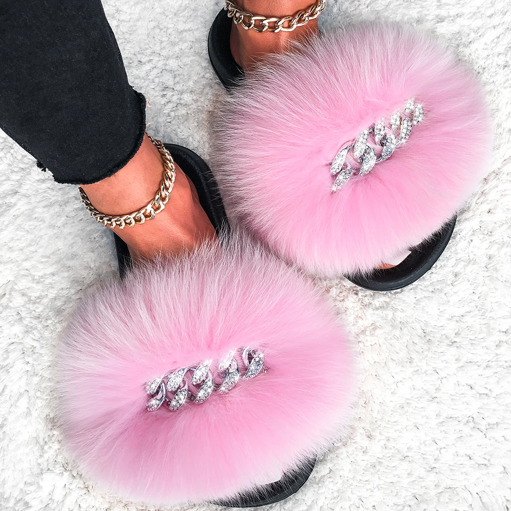 Fox Sandals Furry Fur Slippers Fluffy Flip Flops Diamond Chain Real Fur Slides For Women Ladies House Slippers Beach Flat Shoes