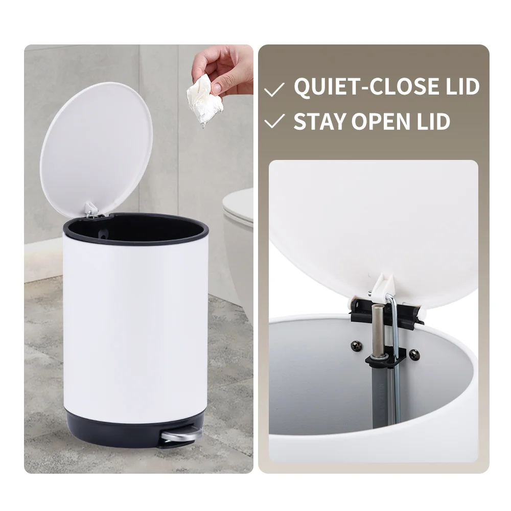 5L Stainless Steel White Colored Metal Bathroom Round Slim Lid Slow Closing Trash Can With Toilet Brush Set Holder