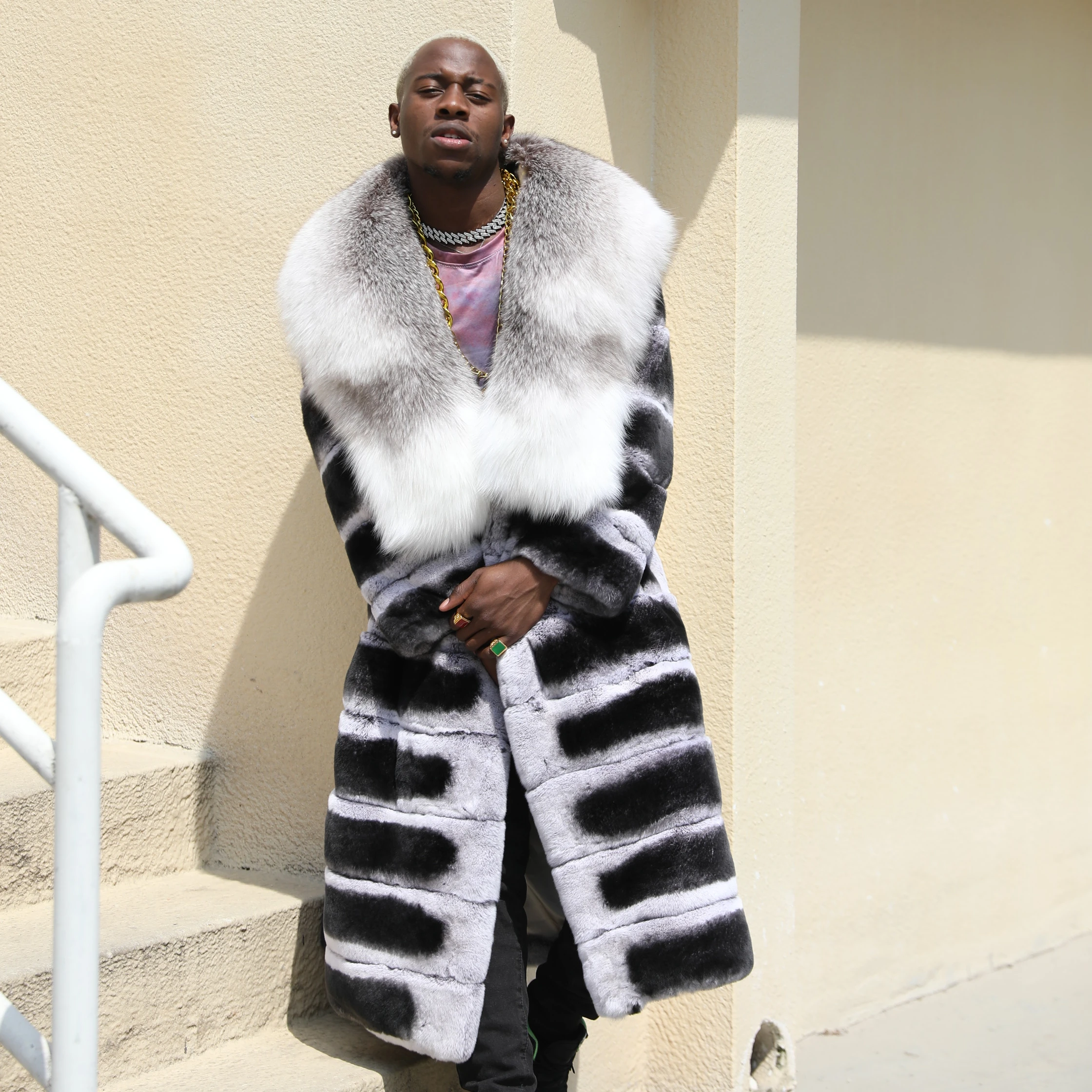 Janefur Fur Coat Big Fur Collar Winter Men Dyed Chinchilla Rabbit Fur Coat