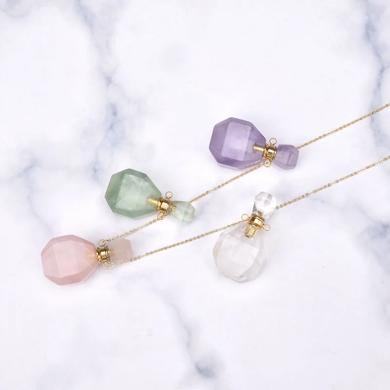 Natural Crystal Stone Water Bottle Perfume Aroma Bottle Essential Oil Perfume Pendant Necklaces