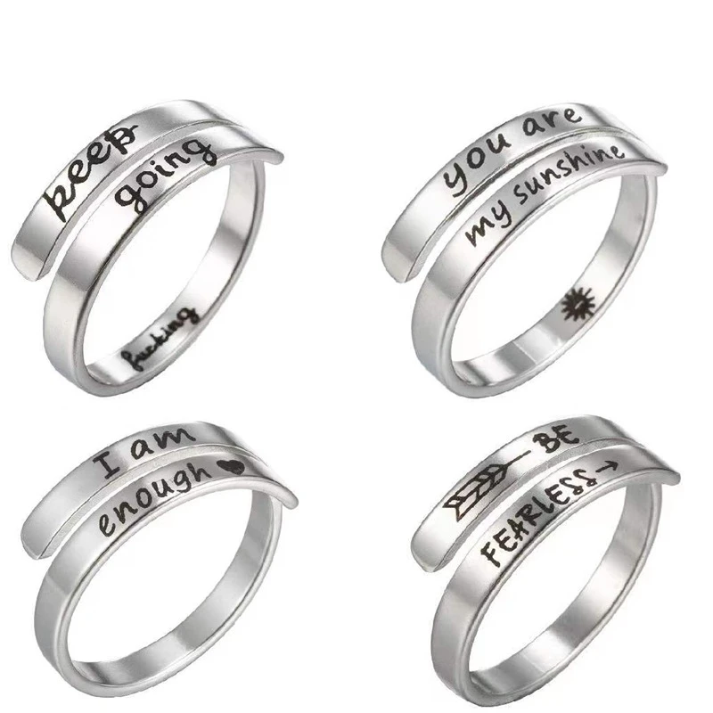 Custom Non Tarnish Silver 18K Gold Plated Stainless Steel Classic Engraved Hope Faith Love I Am Enough Rings Jewelry for Women
