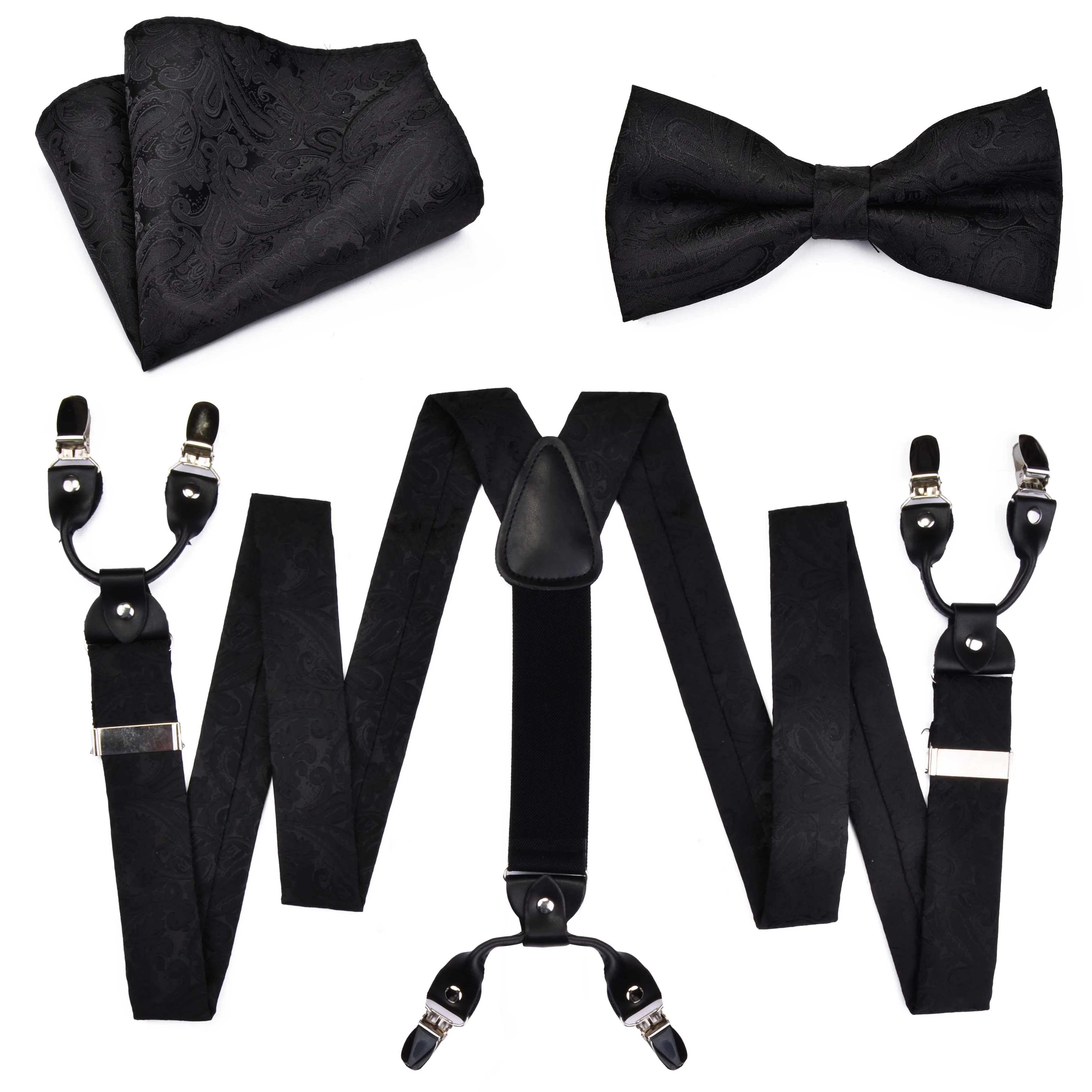 3pcs/set Mens Suspender Floral Paisley Various Braces Classic 6 Clips Y Shape Suspenders Bowtie and Pocket Square Set