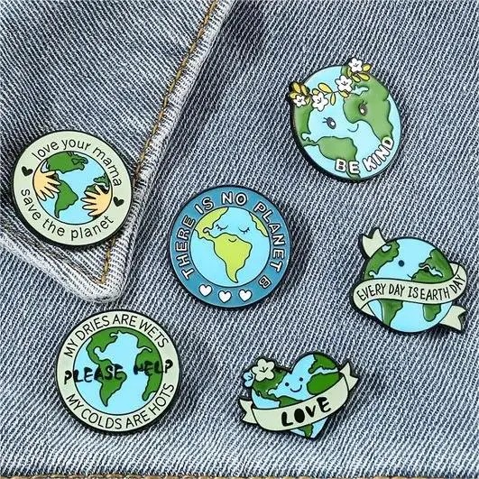 High Quality Wholesale Green Enamel Pins Love the Earth Save the Planet Cartoon Earth Series Diy Metal Pin Badge