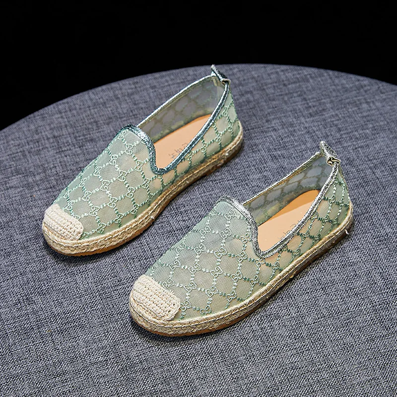 
2021 New style straw woven lace shoes breathable canvas cutout slacker shoes flat bottom hand-made hemp rope fisherman shoes 