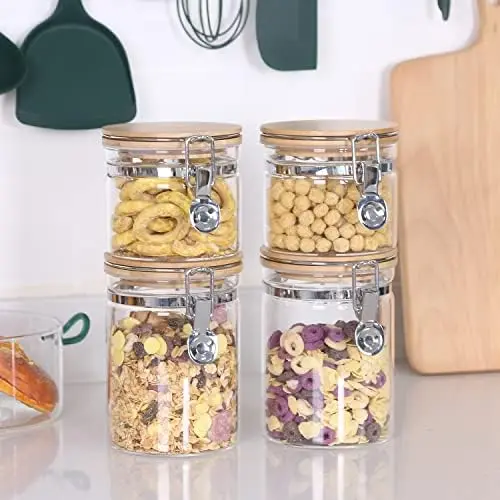 YOIOWE Home Luxury Kitchen Canisters Set 5-Piece Glass Food Storage Jars Bamboo Lids Metal Clasp Seal Steel Spice Parties