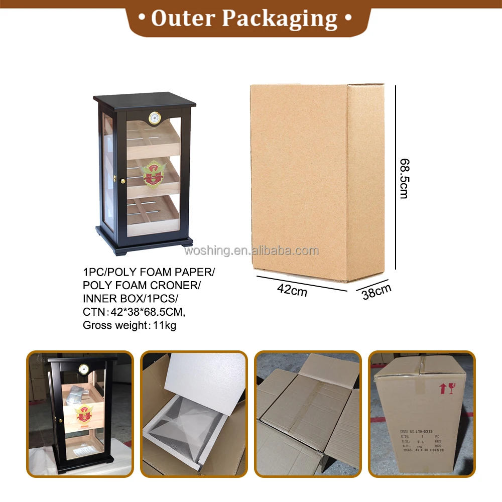 Woshing Customized wooden glass door cigar cabinets raching humidifier hygrometer cigars display humidor cigar cabinet