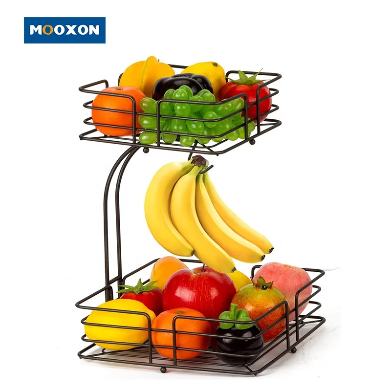 OEM 2-Tier Square Black Organizer Metal Fruits Holder Banana Hanger Kitchen Storage Fruit Vegetables Basket Bowl for Countertop