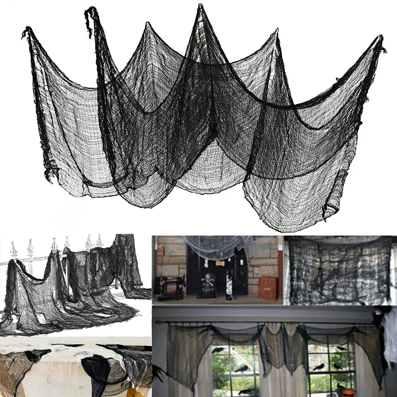 Halloween Decorative Black Sheer Gauze Terror Blood Window Door Net Tablecloth Festival Horror Props Haunted House Party Decor