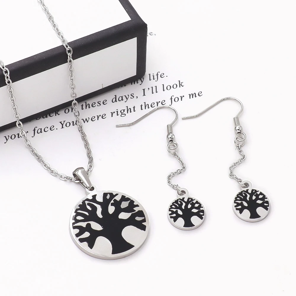 High-quality Stainless Steel anti-allergic Life Tree Enamel Necklace Chain Dangle Earrings Guangzhou Store Wholesale Jewelry Set