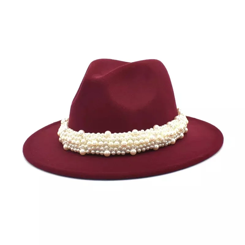 Fashion Pearl Decoration Faux Wool Felt Fedora Hat Solid Color Top Jazz Hats Women Dressing Large Brim Panama Caps