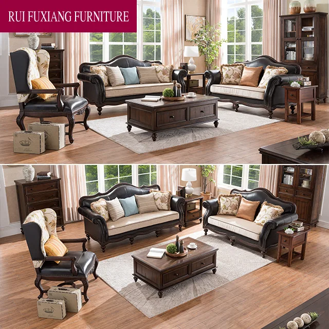 N326 American Living Room Furniture Antique Style Genuine Leather sofa set