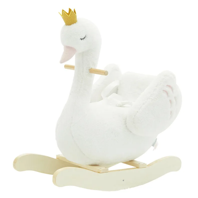 Baby Wooden Plush Rocking Horse Toys for 1-3 Year Old, Riding on Stuffed Animal White Swan Plush Rocking Horse