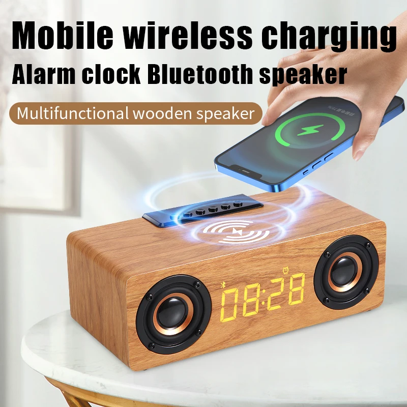 Custom Hifi Surround sound Wooden wifi speakers Bass Smart 5.1 BT Wood Wireless Speaker with alarm clock and wireless charging
