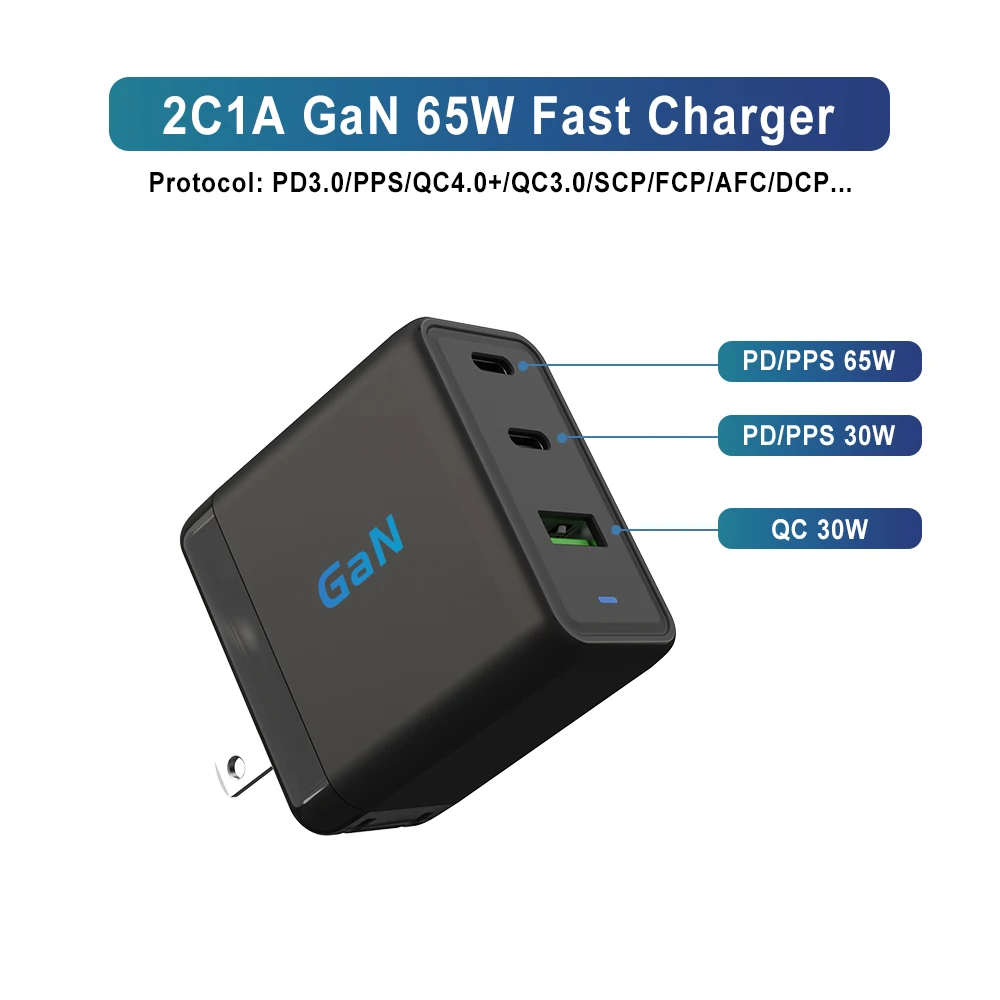 ZONSAN High Quality 3 IN 1 USB Type C 65W GaN Wall Travel Fast GaN charger for Laptop Tablet Phone mobile charger