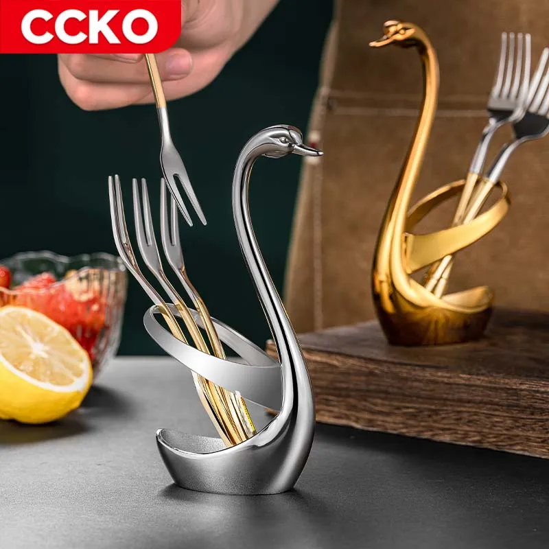 2022 Luxury Gold Swan Base Ornaments Flatware Fruit Fork Spoon Holder Storage Stand For Kitchen Dining Party Picnic Decoration