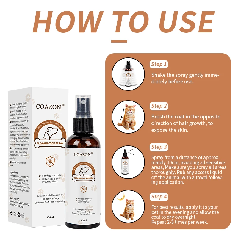 Natural Essential Oils Best Pet Flea Spray Tick Killer, Control, Prevention, Treatment for home dogs and cats