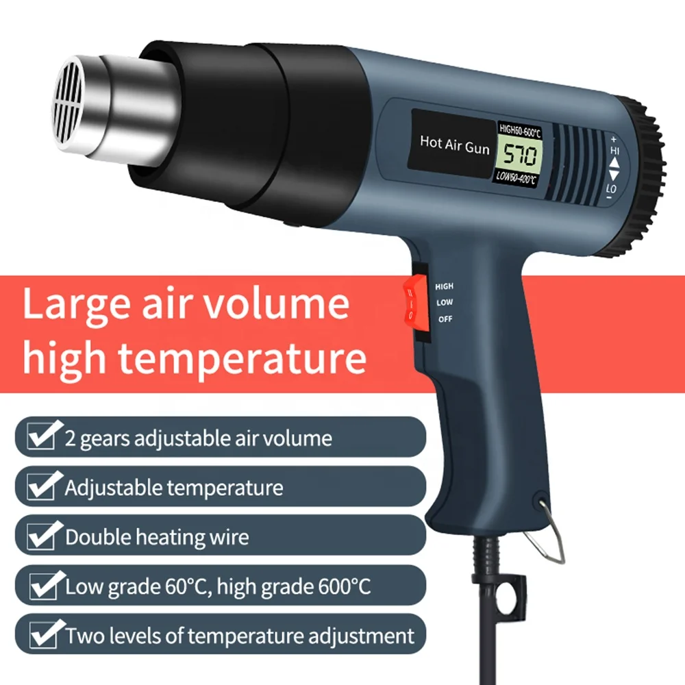 Supply 2000W digital display adjustable temperature 866C heat air gun auto film baking heat shrinkable gun industrial