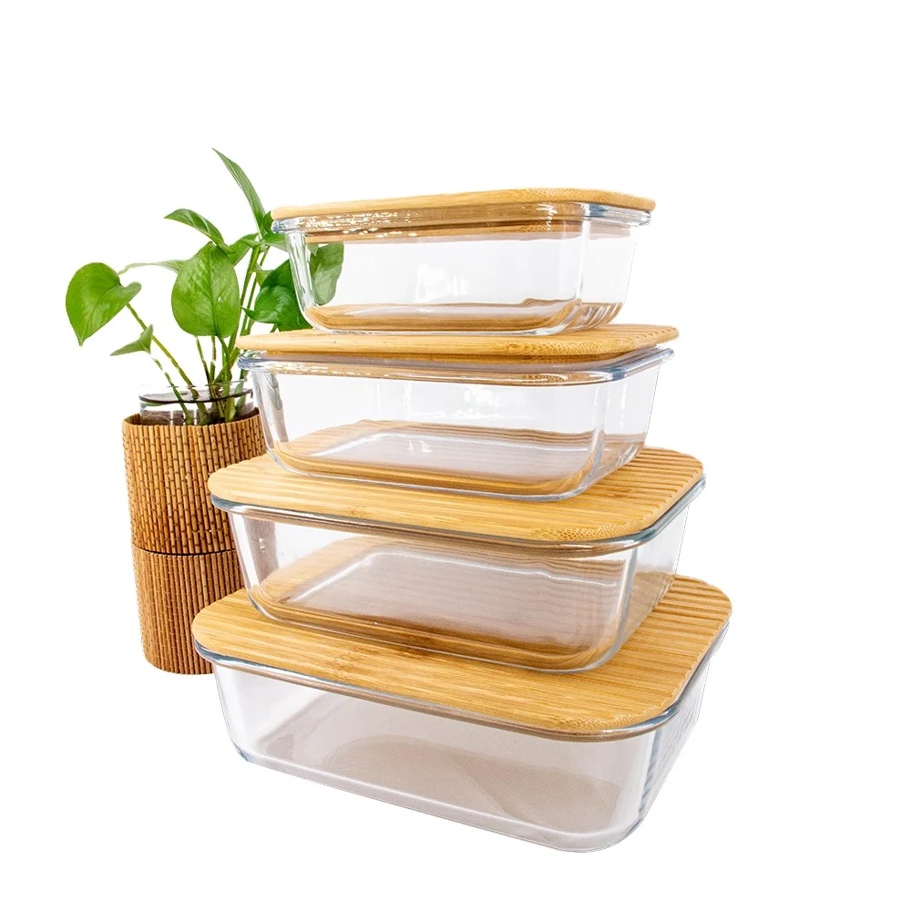 Eco Friendly 4 Pieces Jars Glass Food Container Set For Kitchen Storage With Bamboo Lids Safe In Microwavable Oven Online Sale