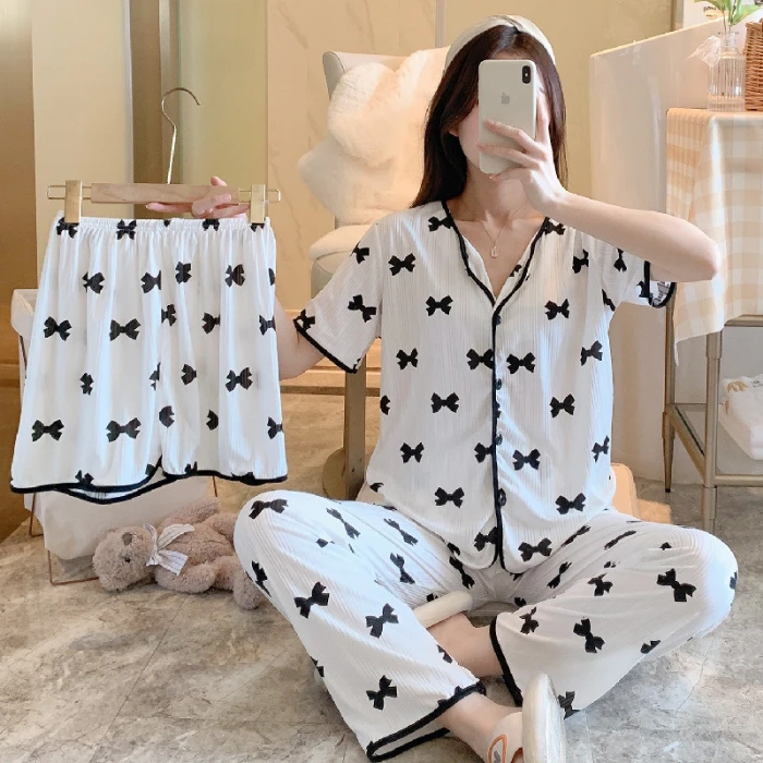 Хит продаж, модные женские пижамы, новые хлопковые летние тонкие шорты с коротким рукавом и брюки, домашняя одежда из трех предметов