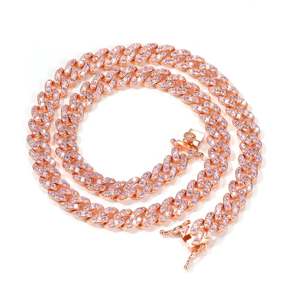 SHIHAN 1310 Hot sale 9mm micro-inlaid pink zircon Cuban chain hip-hop brand PP paragraph bracelet necklace