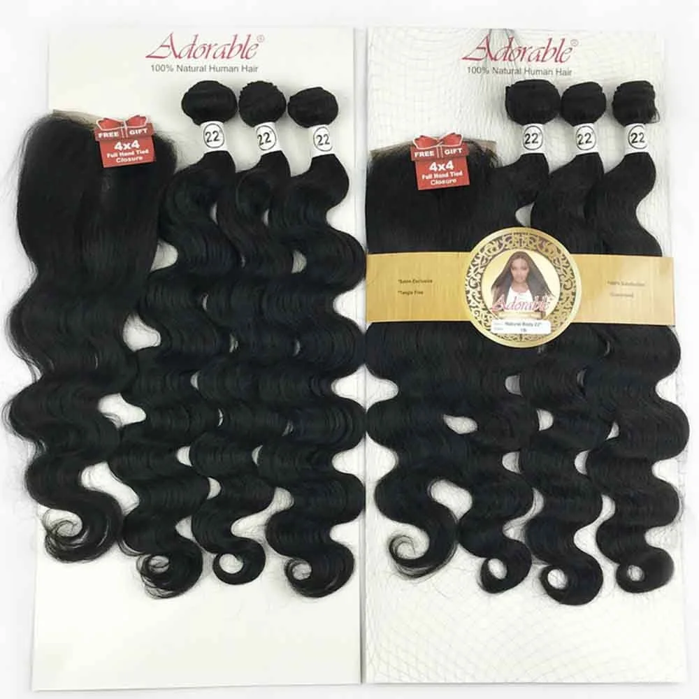 Mixed Synthetic Hair Bundles with 4*4 Lace Closure Silk Straight Packet Hair Weaves Natural Human Hair Blend 3+1