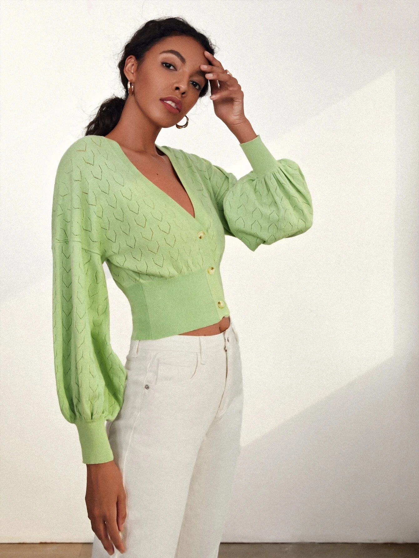 FYB 2021 New Design Summer Stylish Pointelle Long Sleeve V neck Womens Cool Knitted Cardigan Sweater