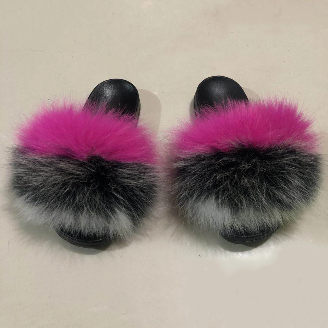 
Drop Shipping Service Promotion Price Real Fox Slippers Raccoon Slide Sandals Custom Fashion Fur Slides For Women 