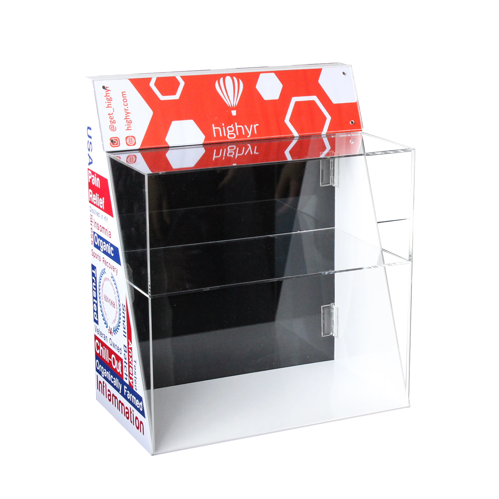 Acrylic showcase CBD OIL E-cigarette vaporizers stand display with custom logo/color use for store shopping mall