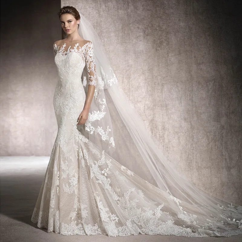 Luxury style bridal French mermaid wedding dress trailing waist thin shoulder lace light long-sleeved dress