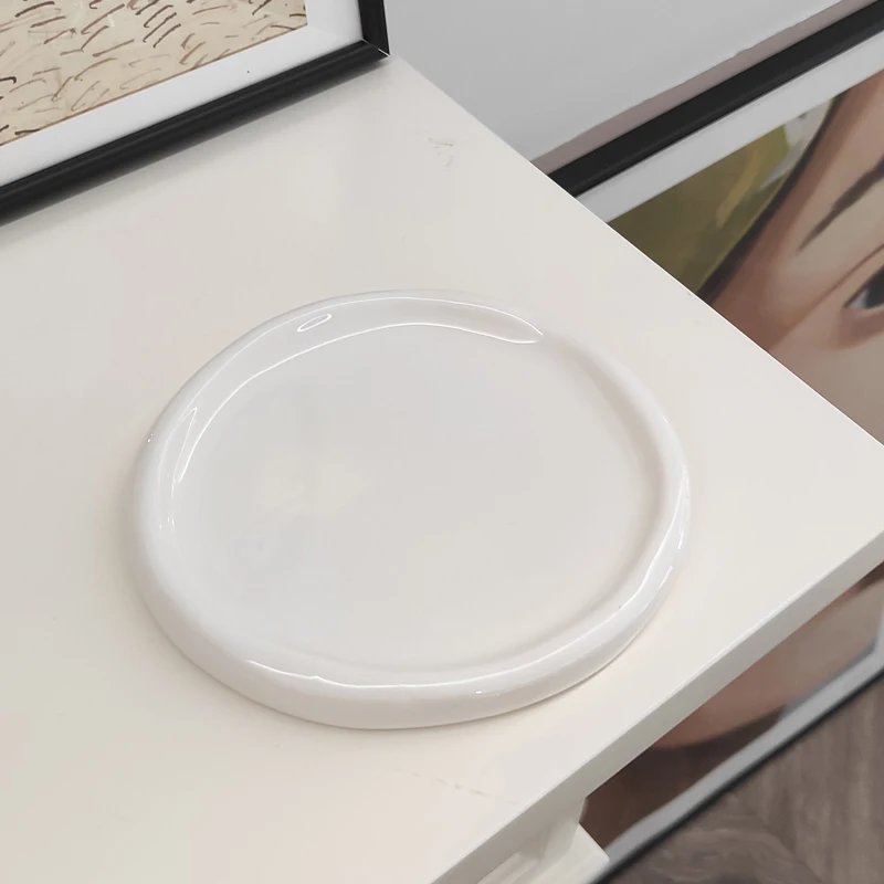 Irregular Round Dessert Plate Candle Tray Holder Ceramic Tray for Household