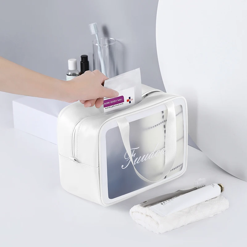 Новейшая Водонепроницаемая белая черная полиуретановая ПВХ косметическая сумка на молнии для макияжа туалетных принадлежностей ручная косметичка с матовым окошком для мужчин