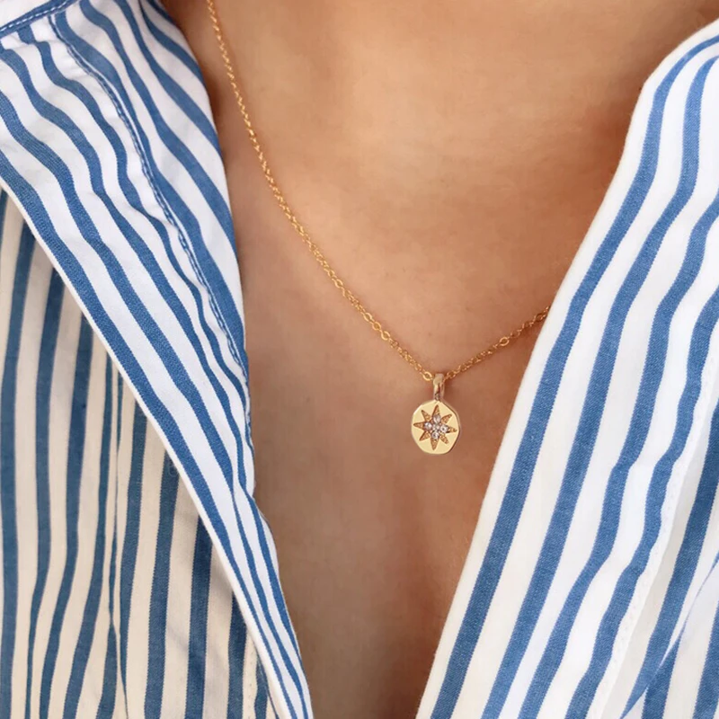 Delicate Crystal Starburst Coin Charm Choker Women Boho Dainty Layered Small CZ Stone Zircon Disc Pendant Necklace Fine Jewelry