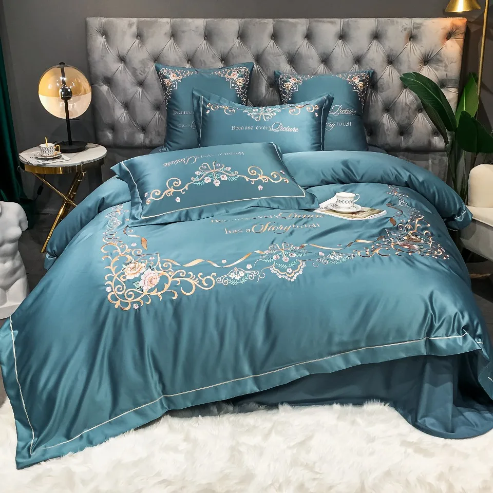 High-end Luxury European-style Pure Cotton Silk Embroidered Cotton Bedsheet Comforter Cover Bed Skirt 4pcs Bedding Set