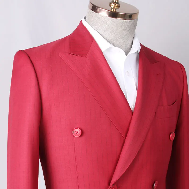 costume homme red double breasted wool 2 pieces business mens suits high quality wedding suit for men