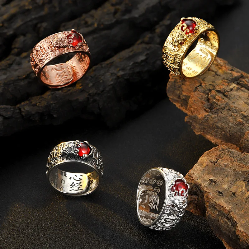 Antique Gold Silver Plated Amulet Pixiu Rings Chinese Feng Shui Wealth Lucky Sign Adjustable Open Pixiu Ring