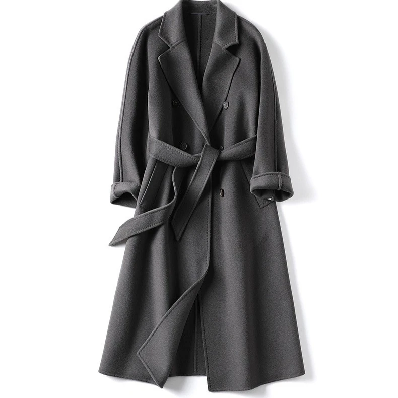 Custom Wholesale High Quality Classic Wool Coat Fashion Long 100% Cashmere Loose Handmade Tie a Belt Tailored Collar Coat