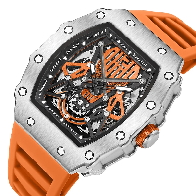 Cool Tonneau Skeleton Design Mechanical Watches For Men Silicone Band Alloy 3 ATM Waterproof Sport Watch