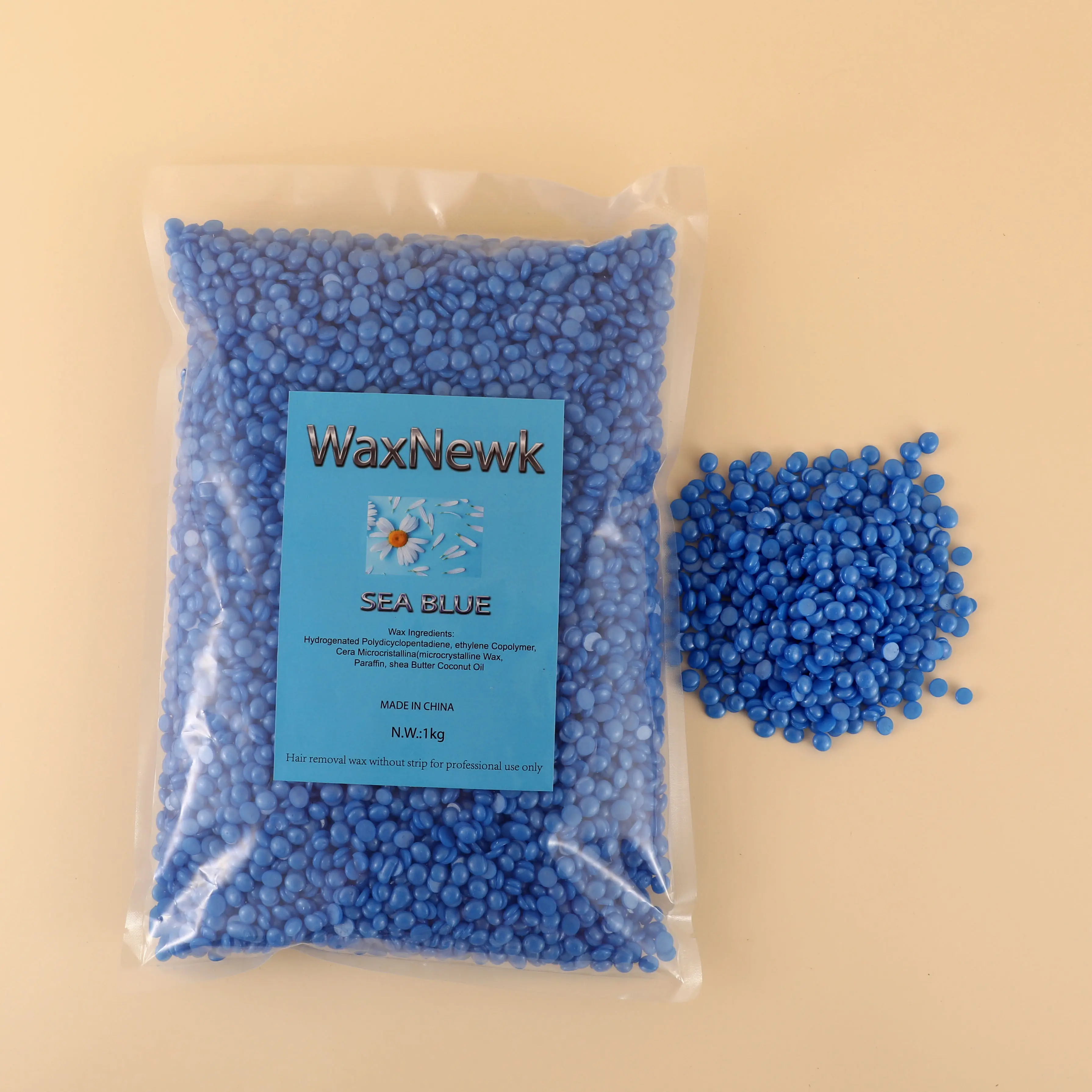 WaxNewK 1kg Waxing rosin free sea blue azulene Beads Brazilian Bikini Hard Wax Hair Removal for Face Body Legs Beads