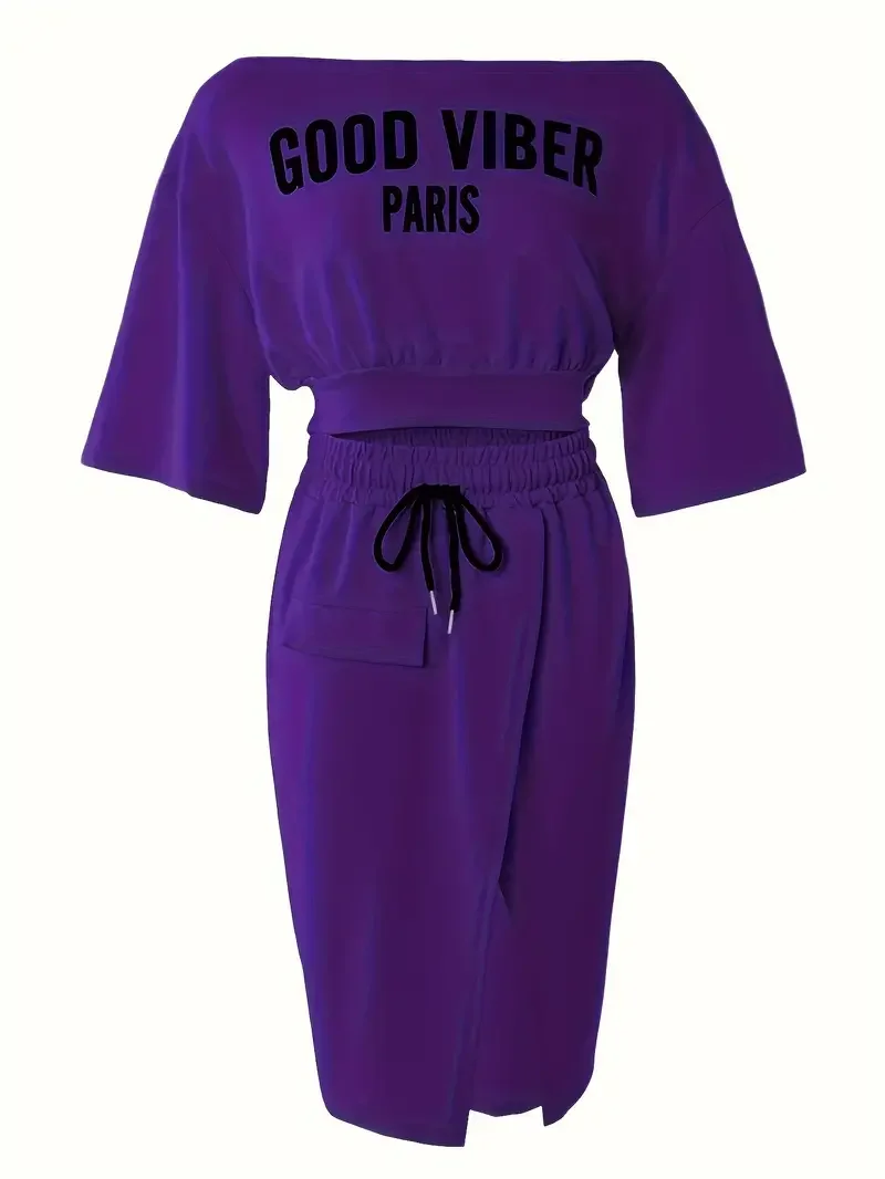 Letter Print Short Sleeve Top & Drawstring Split Hem Knee Length Skirt Outfits 2 Piece Set Plus Size Casual Two Piece Set